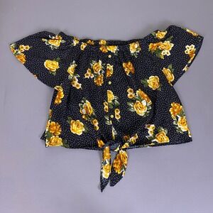 Mileage Crop Top Blouse Women's 3X Black Floral Polka Dot Off Shoulder Tie Front